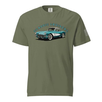 Classic T-shirt with Classic Cruisers vintage car graphic on olive green soft cotton fabric