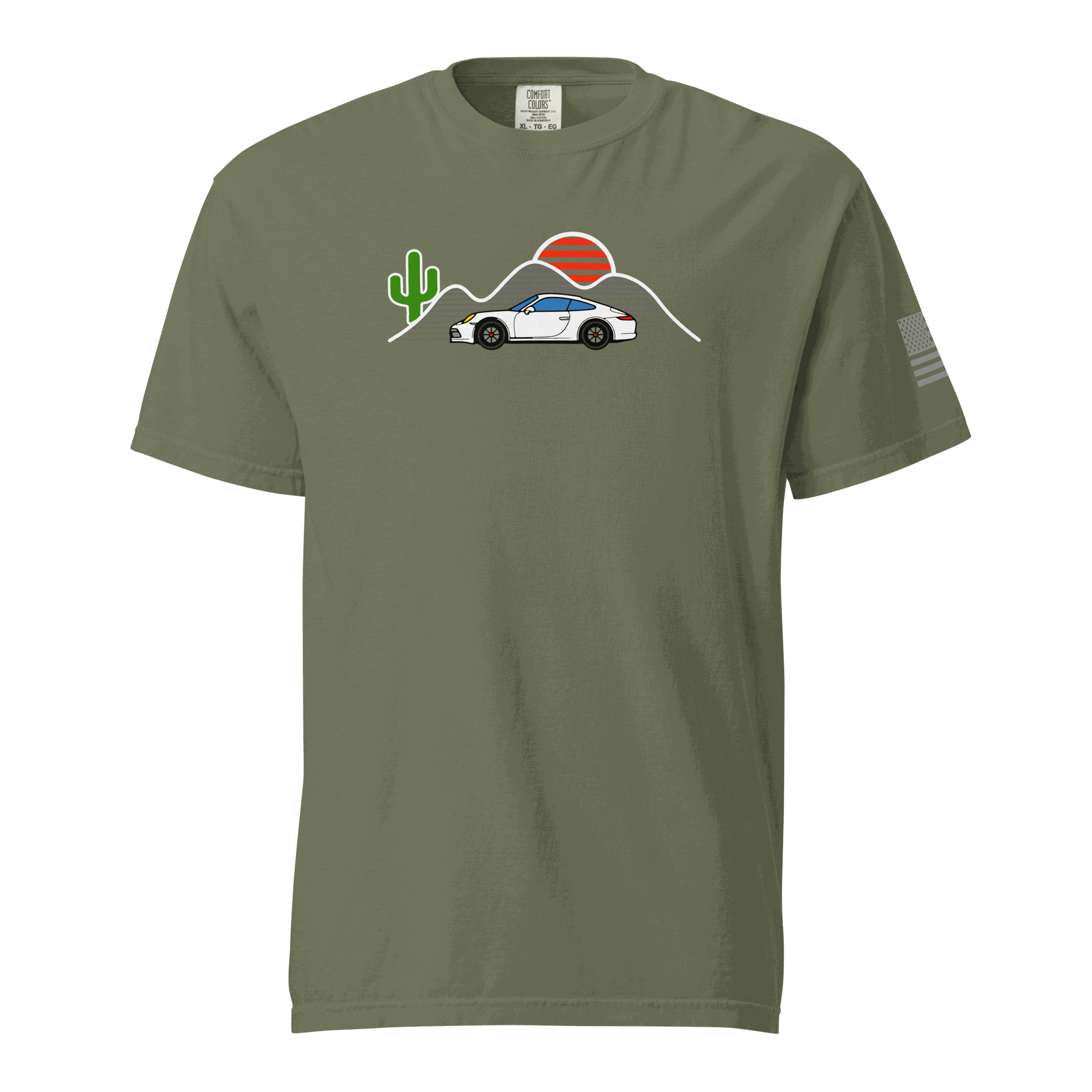 Olive Sunset Sports Car T-Shirt with white sports car, cactus, mountain, and red sun graphic design