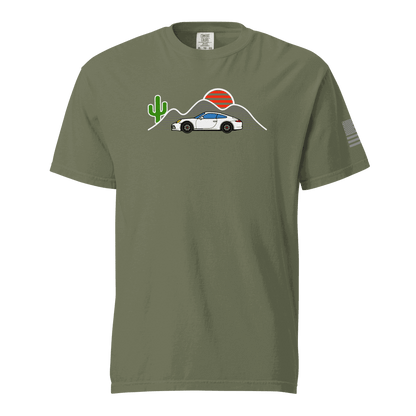Olive Sunset Sports Car T-Shirt with white sports car, cactus, mountain, and red sun graphic design