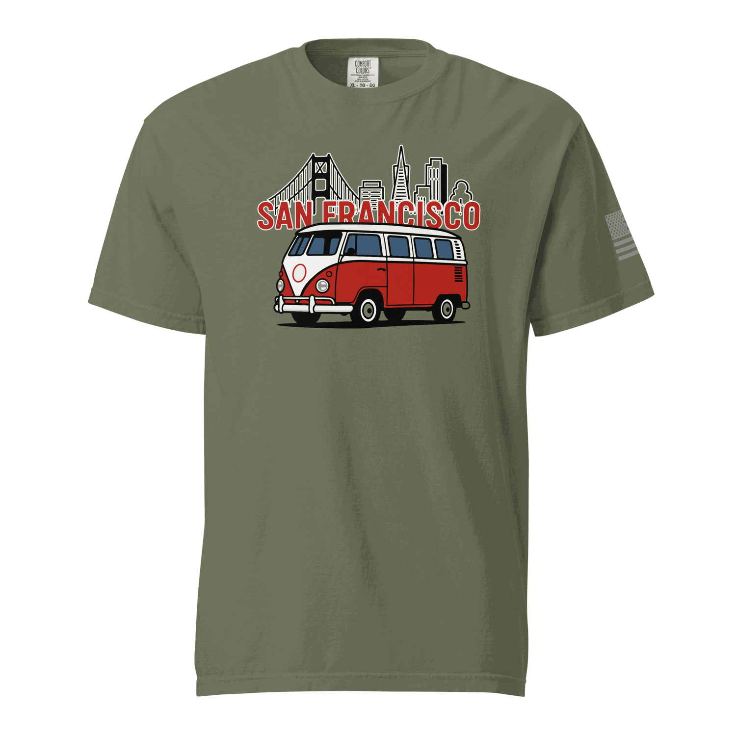 Vintage San Francisco t-shirt with classic red van and city skyline design on olive green cotton tee