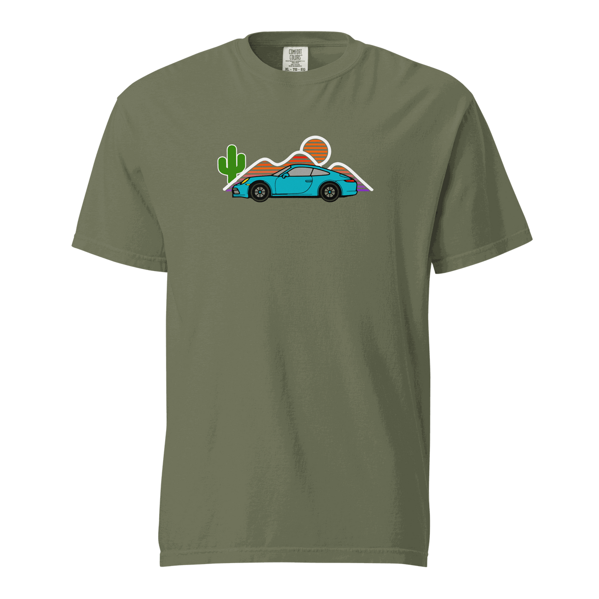 Sports car sunset graphic on vintage-style t-shirt