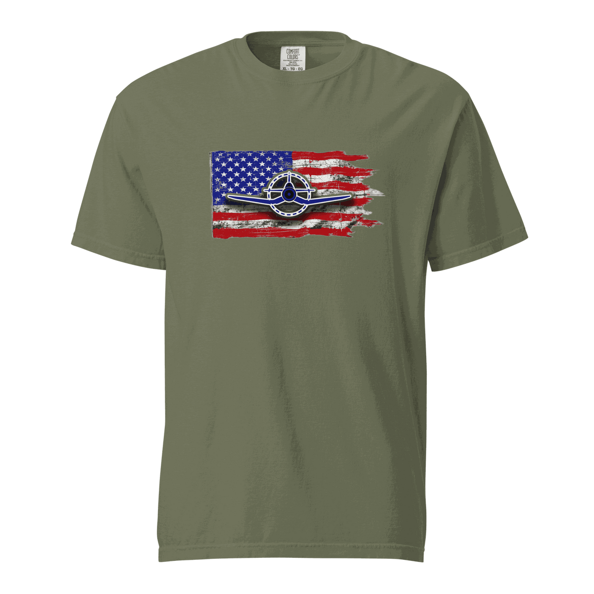 F4U Corsair heavyweight tee with bold Corsair silhouette print on garment-dyed cotton crewneck