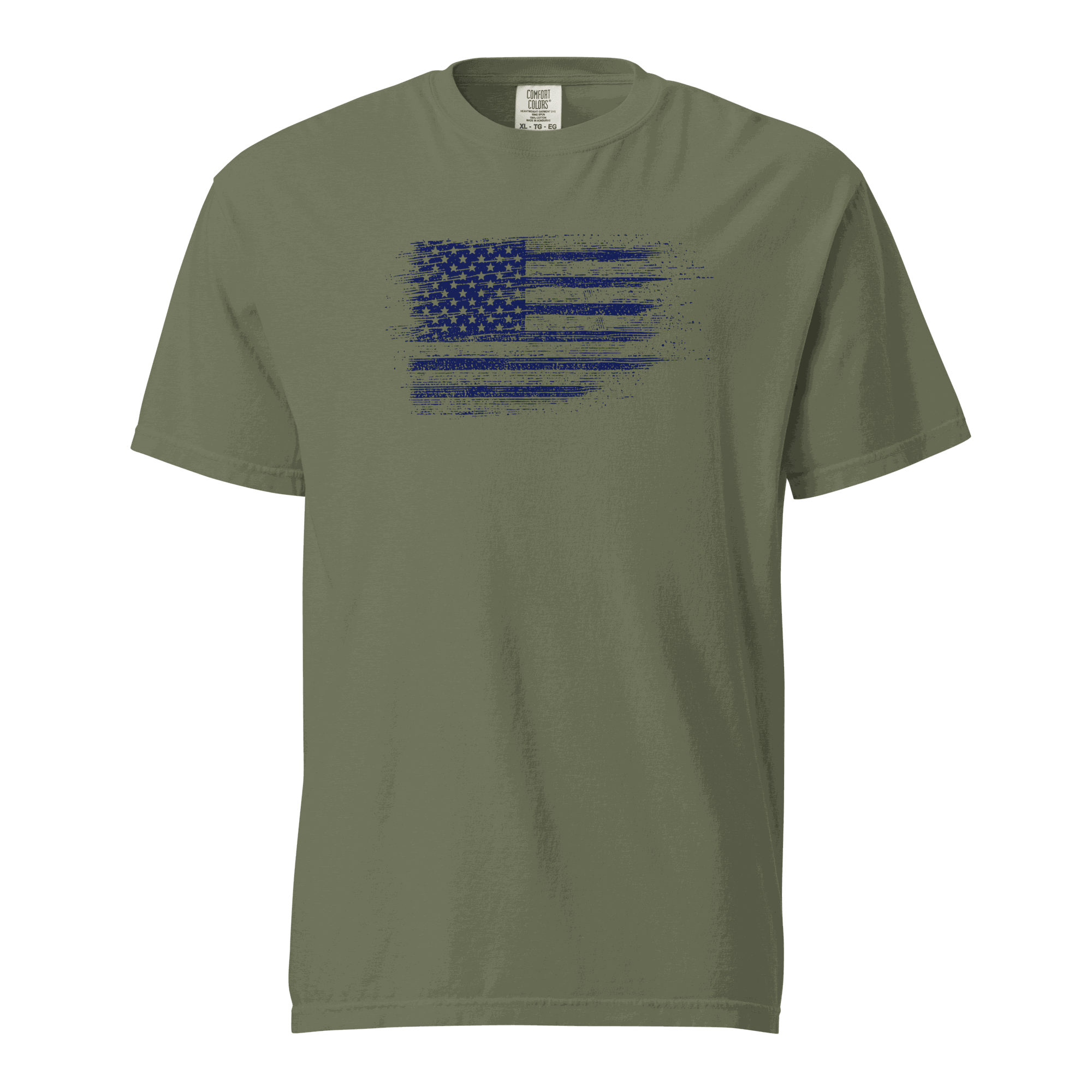 Unisex heavyweight olive green t-shirt with distressed USA flag print, 100% ring-spun cotton, garment-dyed and breathable design