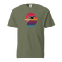Sunset Flight unisex heavyweight t-shirt with airplane graphic and sunset colors on olive fabric