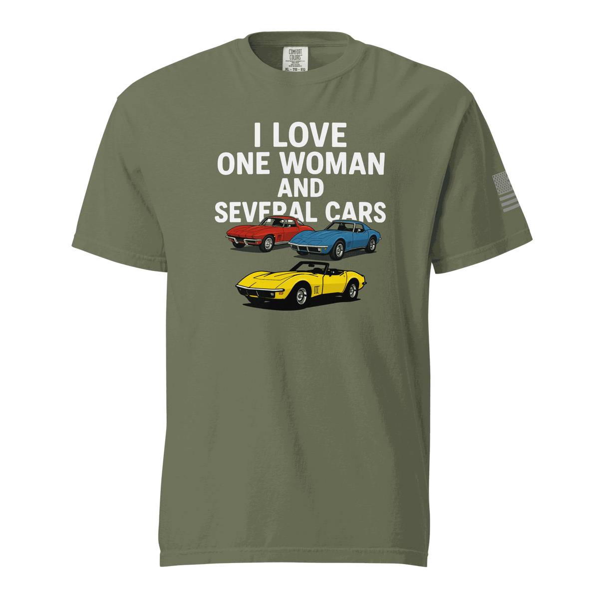 Funny t-shirt with "Love One Woman Several Cars" white print on black cotton fabric
