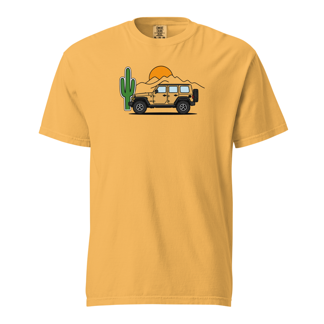 Yellow t-shirt with a graphic of a jeep and cactus on a white background