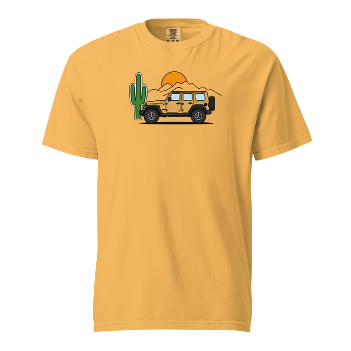 Yellow t-shirt with a graphic of a jeep and cactus on a white background