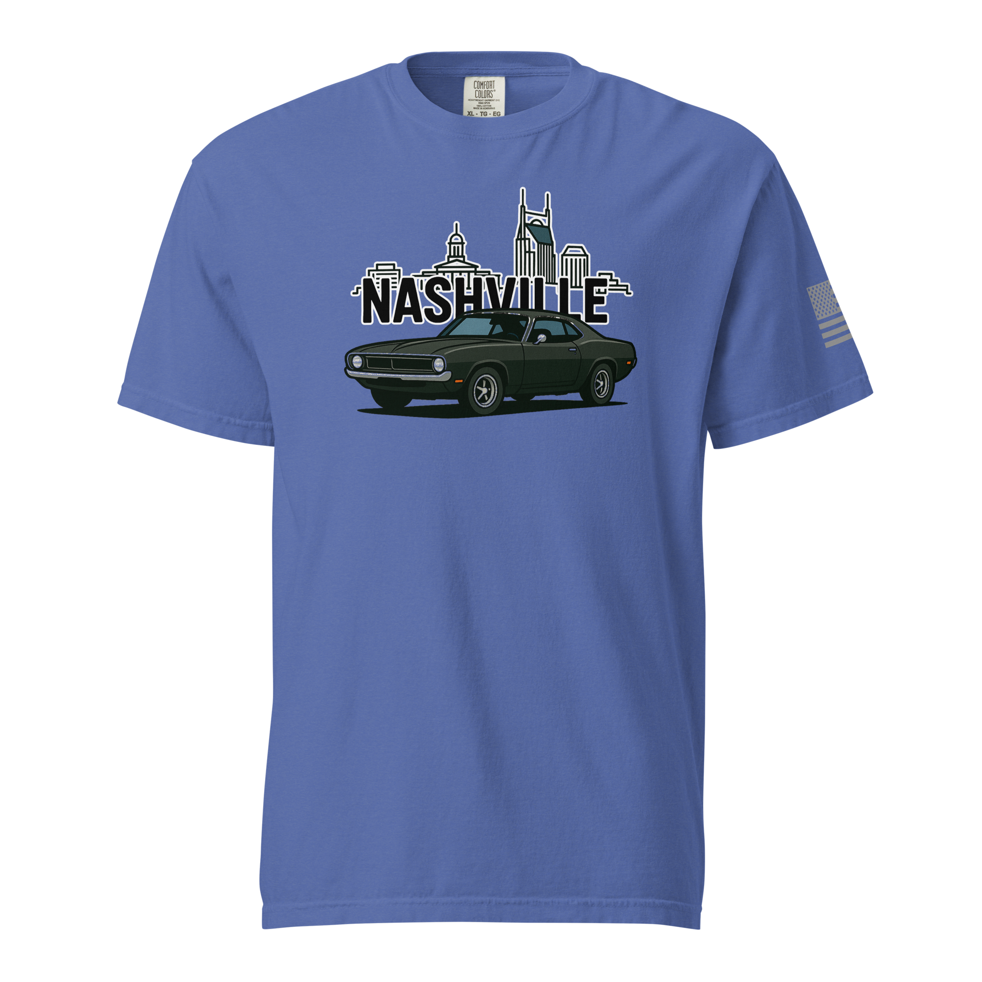 Nashville classic car t-shirt featuring a vintage car graphic and city skyline design on a blue background.