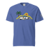 Sport car t-shirt with retro sunset and sports car silhouette on soft cotton fabric