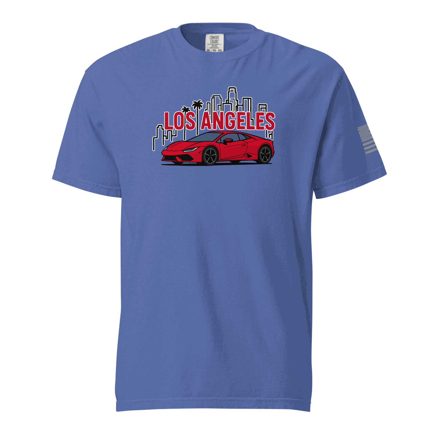 Blue Los Angeles Tee with red supercar and city skyline graphic