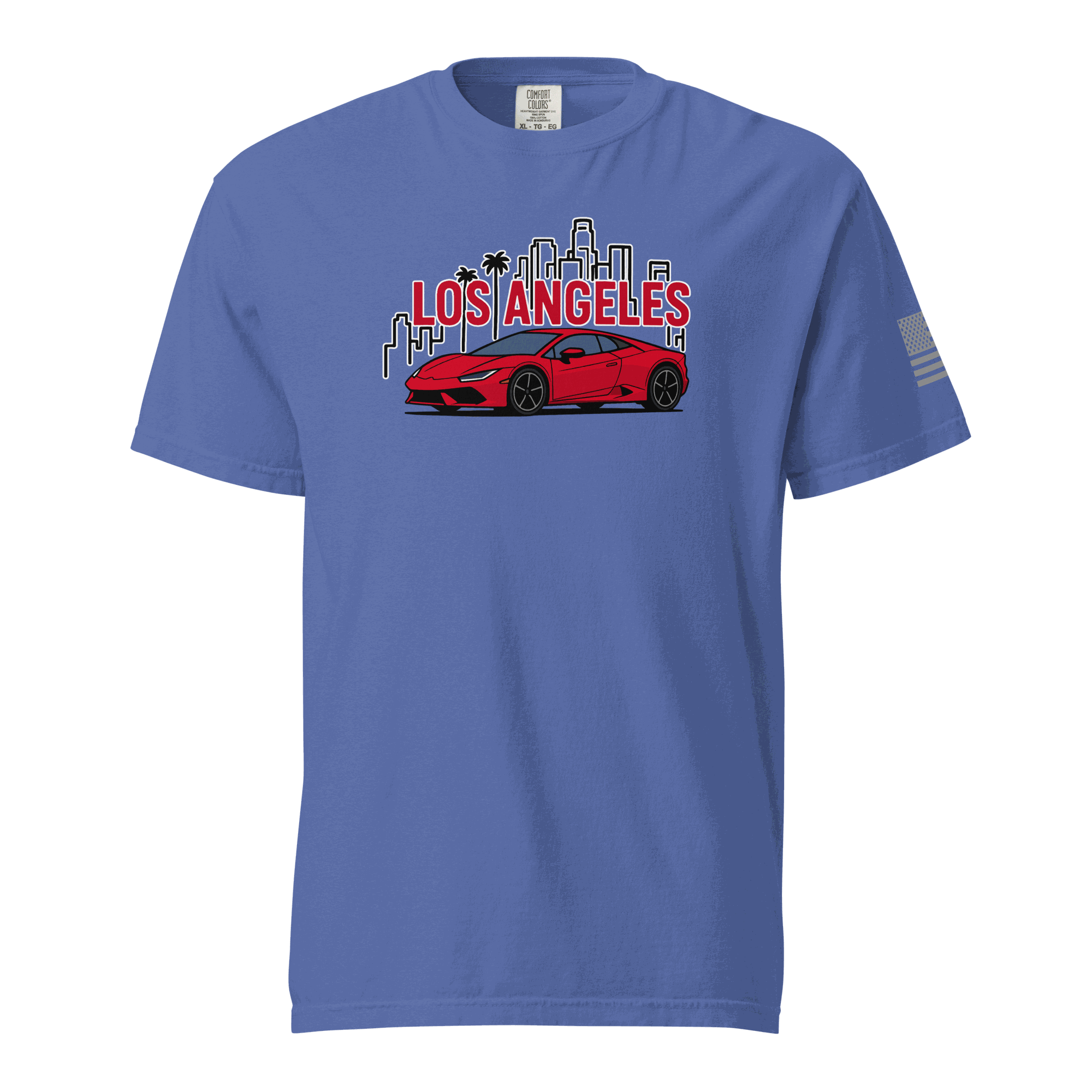 Blue Los Angeles Tee with red supercar and city skyline graphic