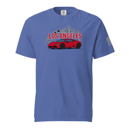 Blue Los Angeles Tee with red supercar and city skyline graphic
