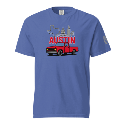 Blue Austin Texas T shirt with retro truck and skyline graphic