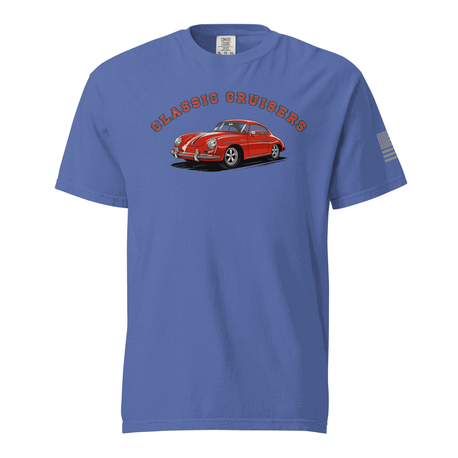 Varsity Sports Car blue heavyweight cotton t-shirt with classic red car graphic and &quot;Classic Cruisers&quot; text