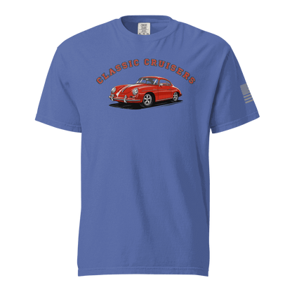 Varsity Sports Car blue heavyweight cotton t-shirt with classic red car graphic and &quot;Classic Cruisers&quot; text