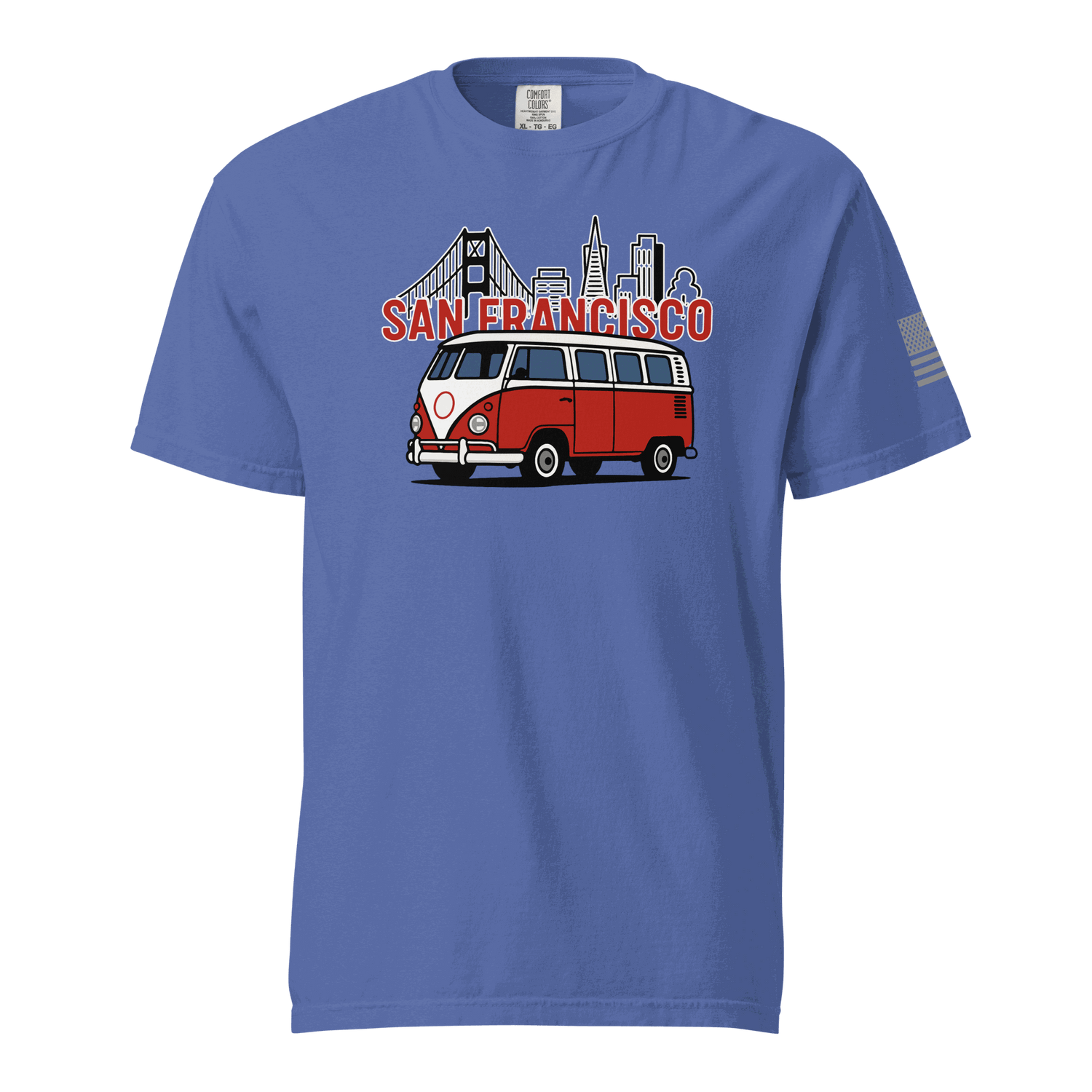 Vintage San Francisco t-shirt with classic red van and city skyline design on blue cotton tee
