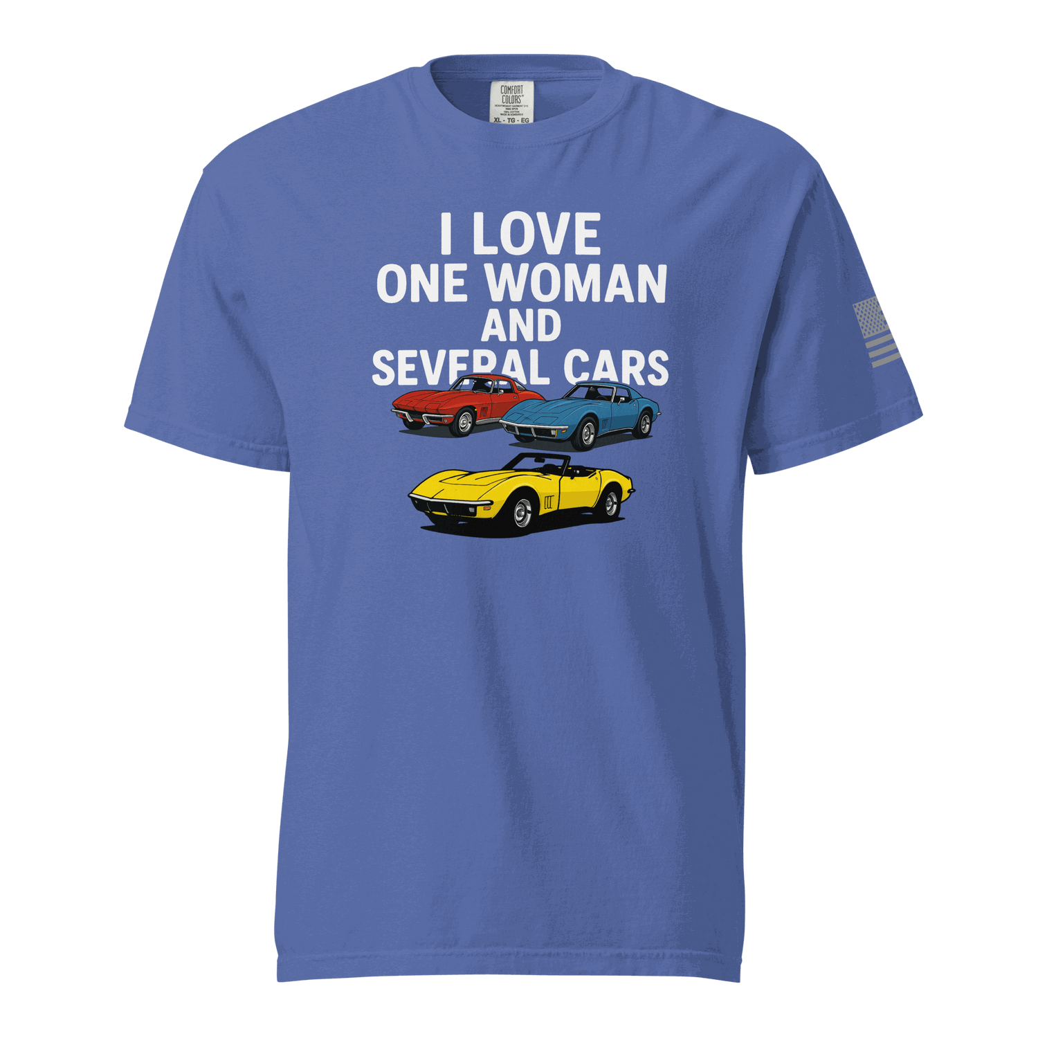 Funny t-shirt with "I love one woman and several cars" text and colorful car illustrations on blue cotton fabric