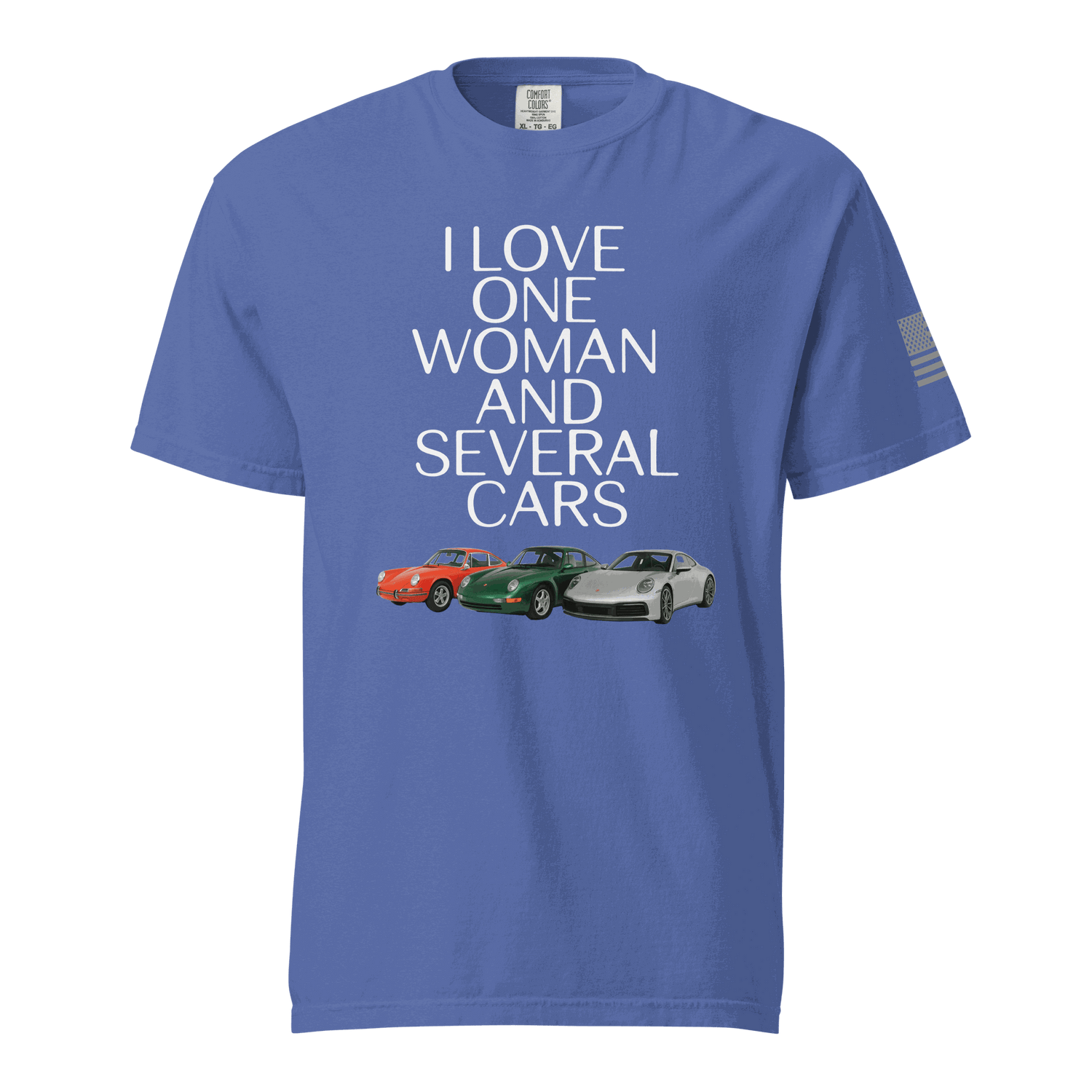 Blue Love One Woman and Several Cars T-shirt with car graphics and white text, 100% ring-spun cotton, unisex heavyweight tee
