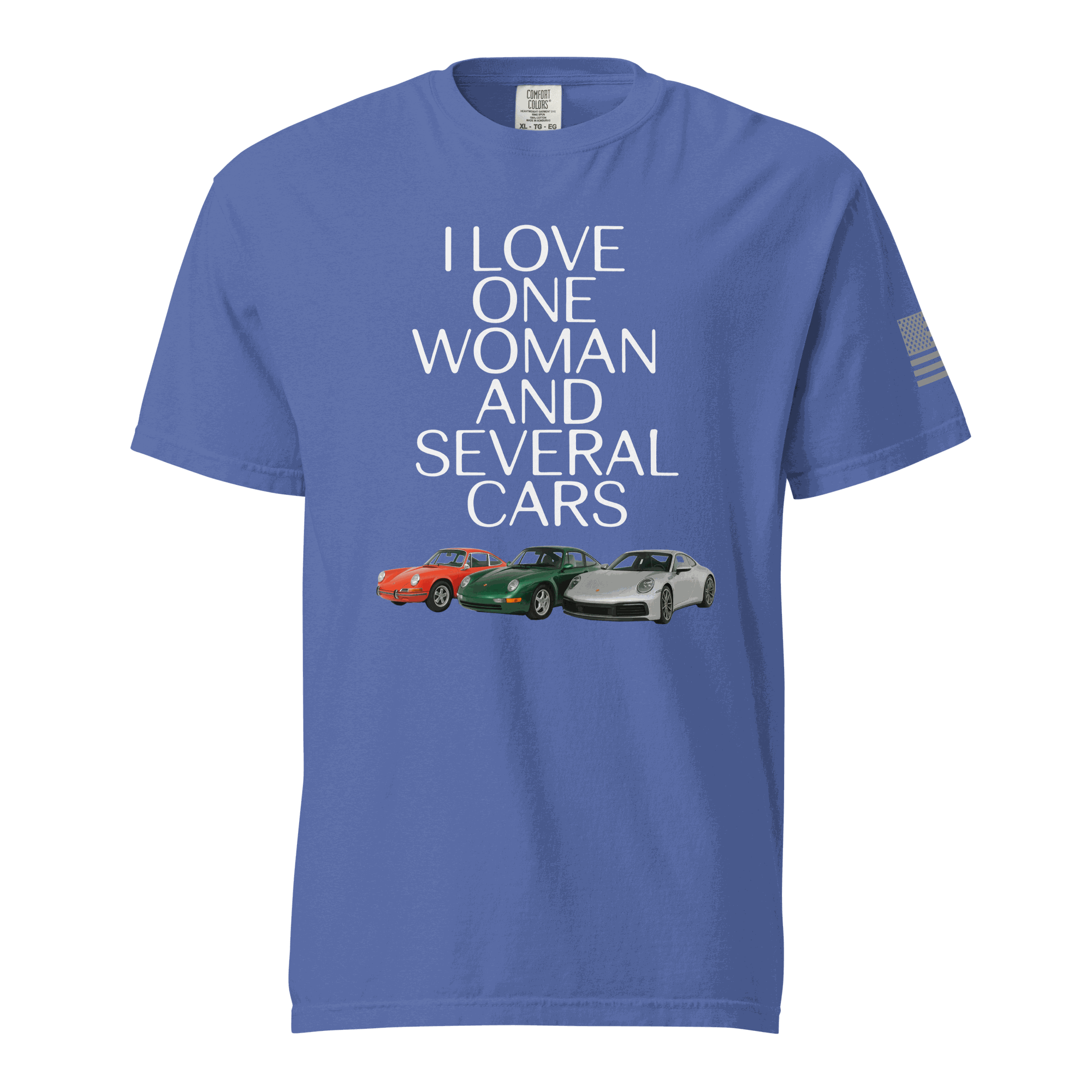 Blue Love One Woman and Several Cars T-shirt with car graphics and white text, 100% ring-spun cotton, unisex heavyweight tee