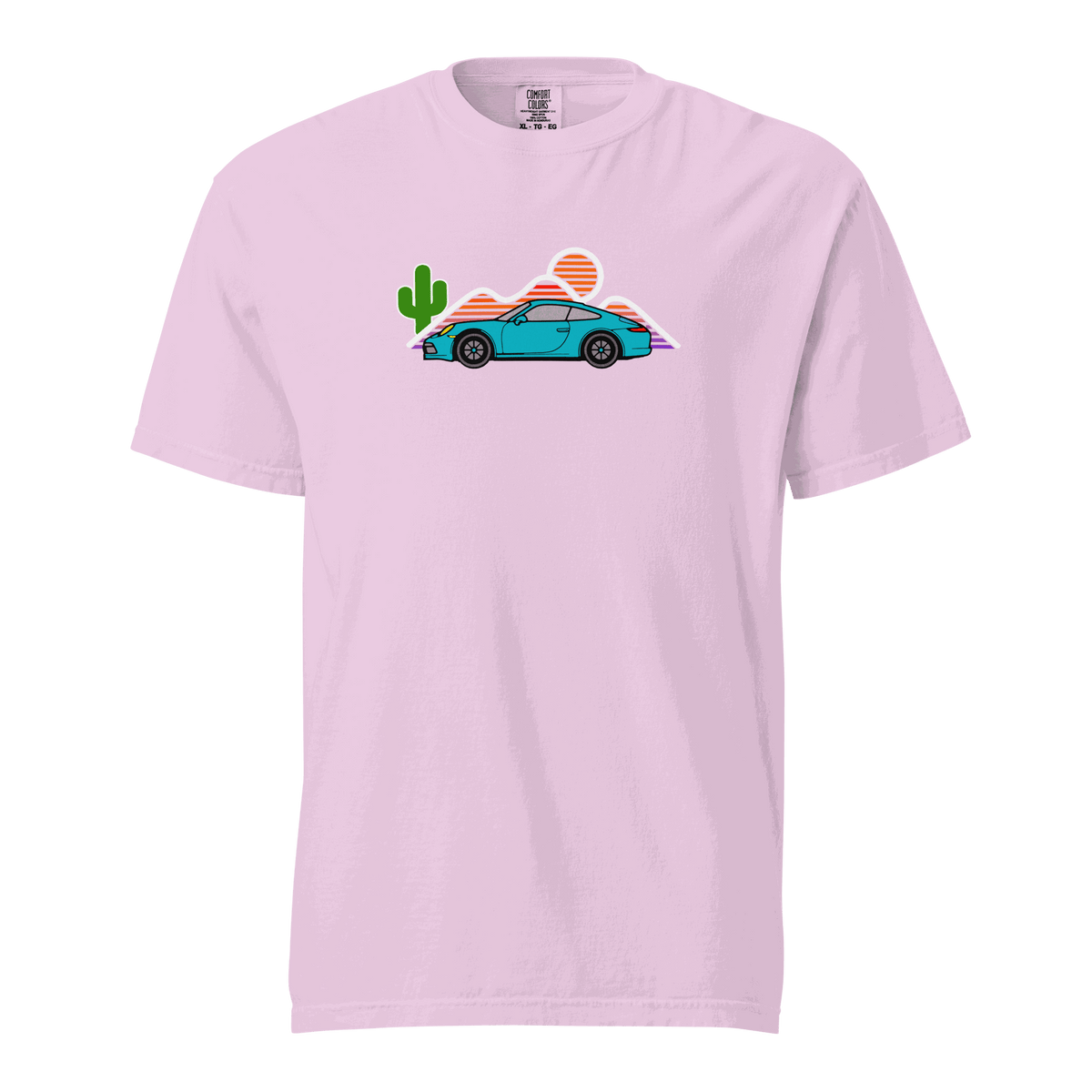 Sports car sunset graphic on t-shirt with sunset hues and vintage car design