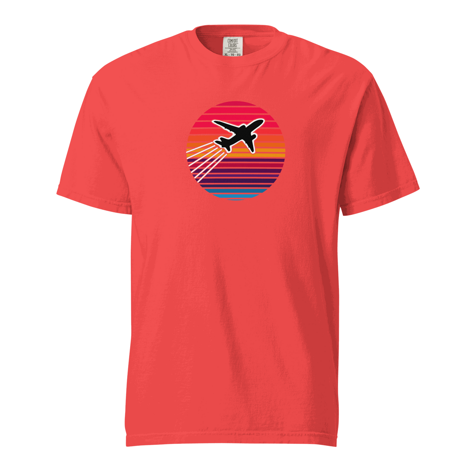 Sunset Flight unisex heavyweight garment-dyed t-shirt with airplane graphic on sunset background in red cotton fabric