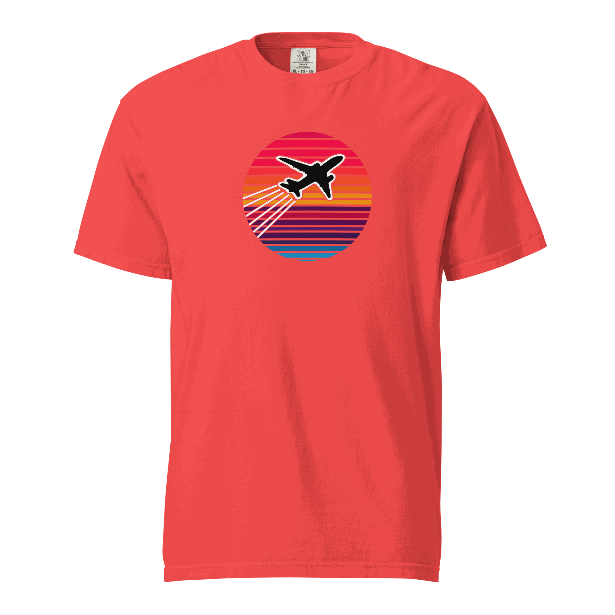 Sunset Flight unisex heavyweight garment-dyed t-shirt with airplane graphic on sunset background in red cotton fabric