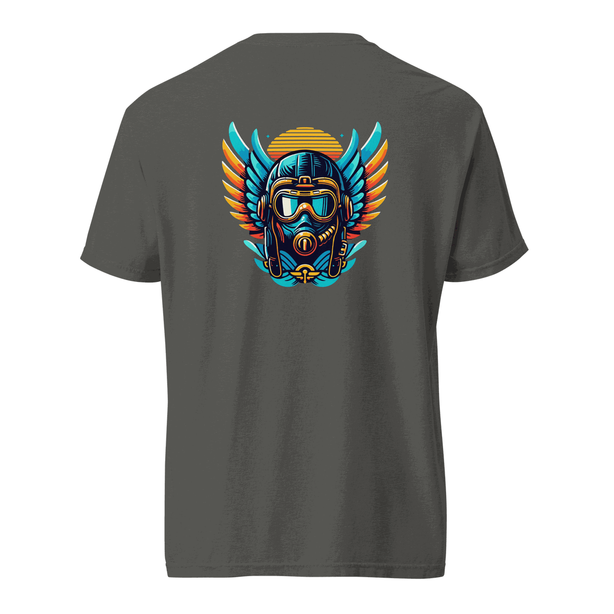 Blue Flight Airplane T-Shirt with orange flight helmet design and breathable 100% cotton fabric