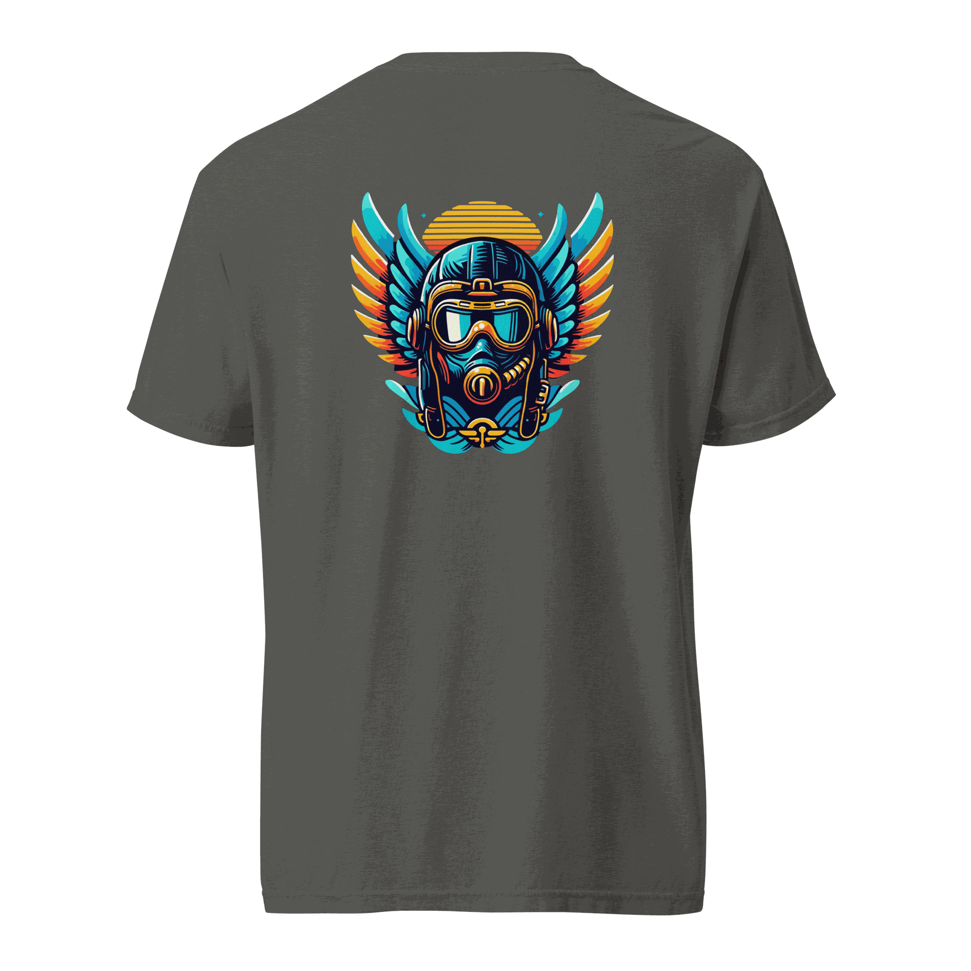 Unisex charcoal t-shirt with blue and orange flight helmet graphic on back, made of 100% ring-spun cotton, breathable and durable
