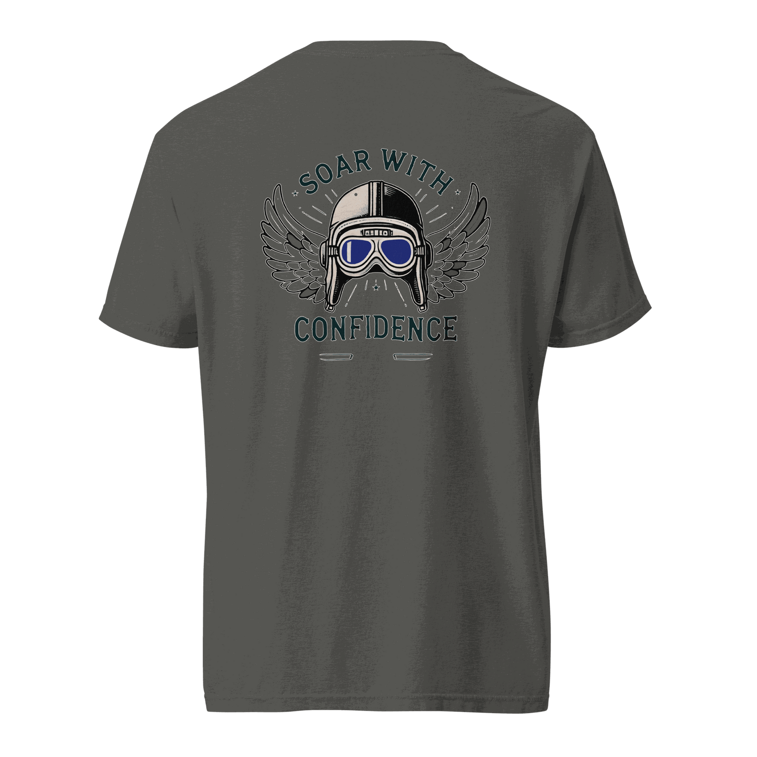 Flying machine t shirt with blue goggles graphic and &quot;Soar with Confidence&quot; text on back, made of 100% cotton.