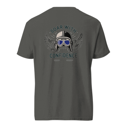 Flying machine t shirt with blue goggles graphic and &quot;Soar with Confidence&quot; text on back, made of 100% cotton.