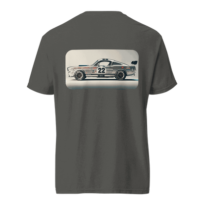Heritage Mustang Back T-shirt with vintage race car graphic on dark fabric
