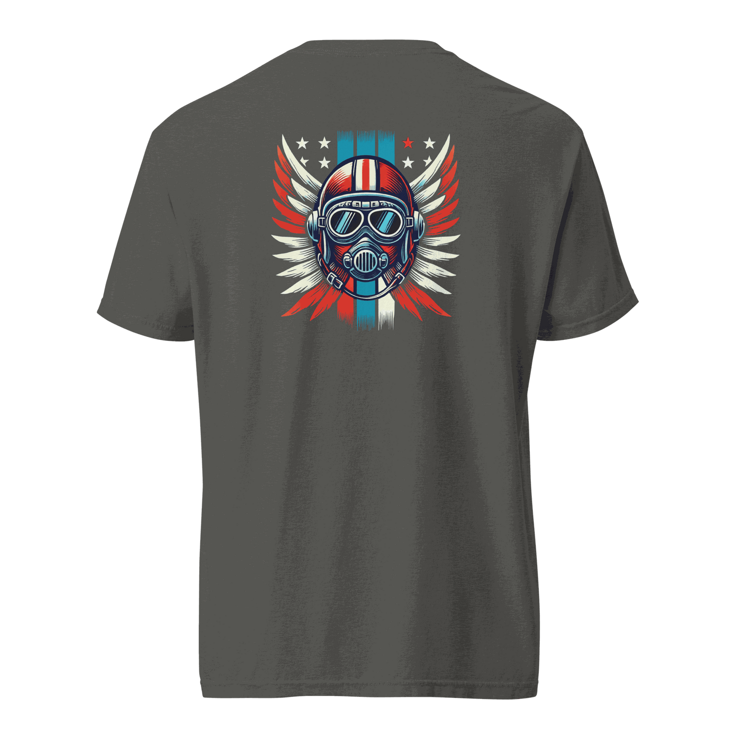 Unisex heavyweight t-shirt with red white blue helmet and wings graphic on back, made of 100% ring-spun cotton.