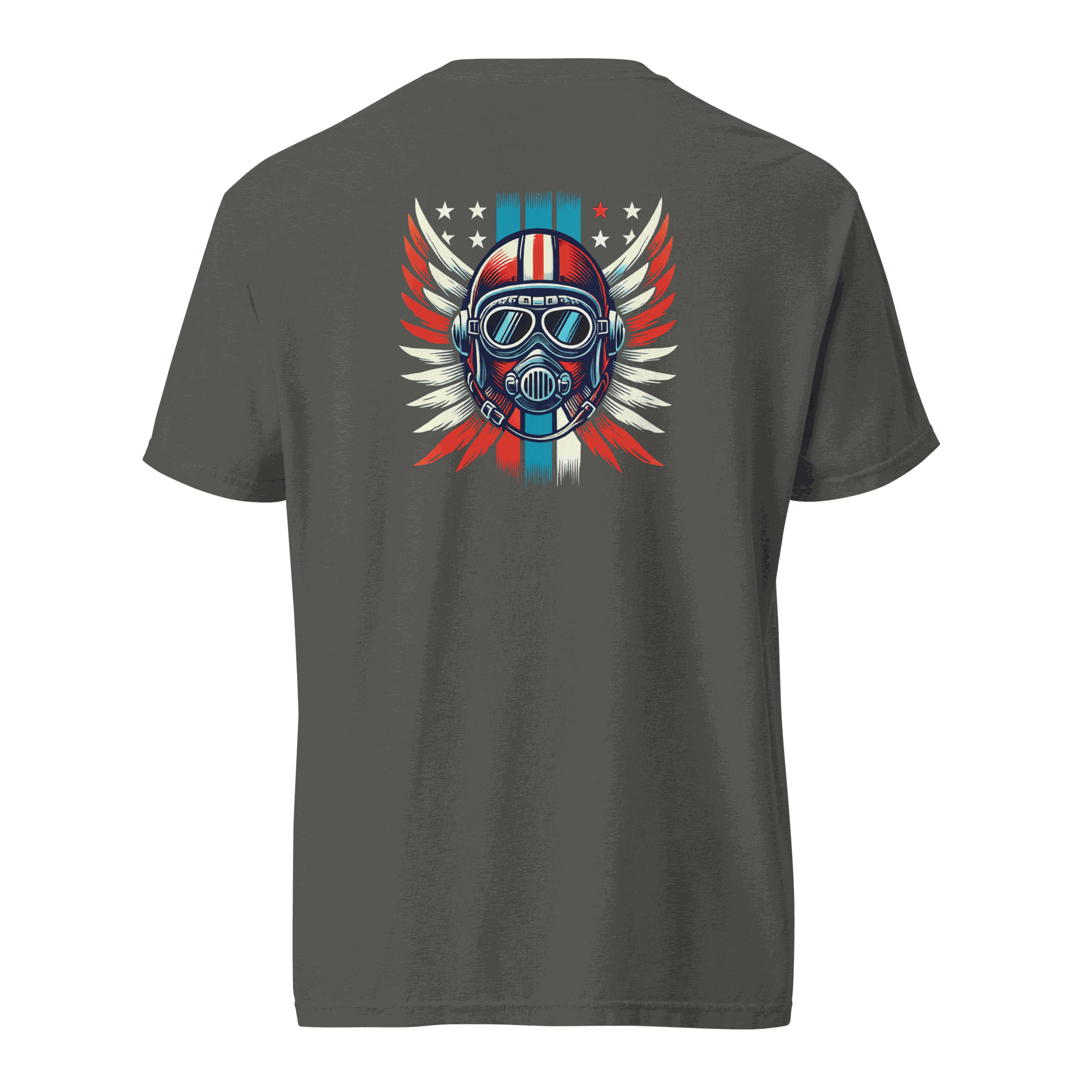 Unisex heavyweight t-shirt with red white blue helmet and wings graphic on back, made of 100% ring-spun cotton.