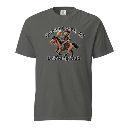 Queen Creek AZ Cowboy Drinking Club heavyweight unisex t-shirt with cowboy riding horse graphic and text