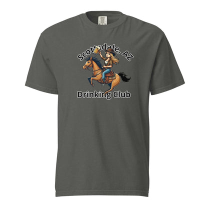 Scottsdale Cowgirl Horse Beer unisex heavyweight t-shirt with horse rider graphic and text Scottsdale, AZ Drinking Club