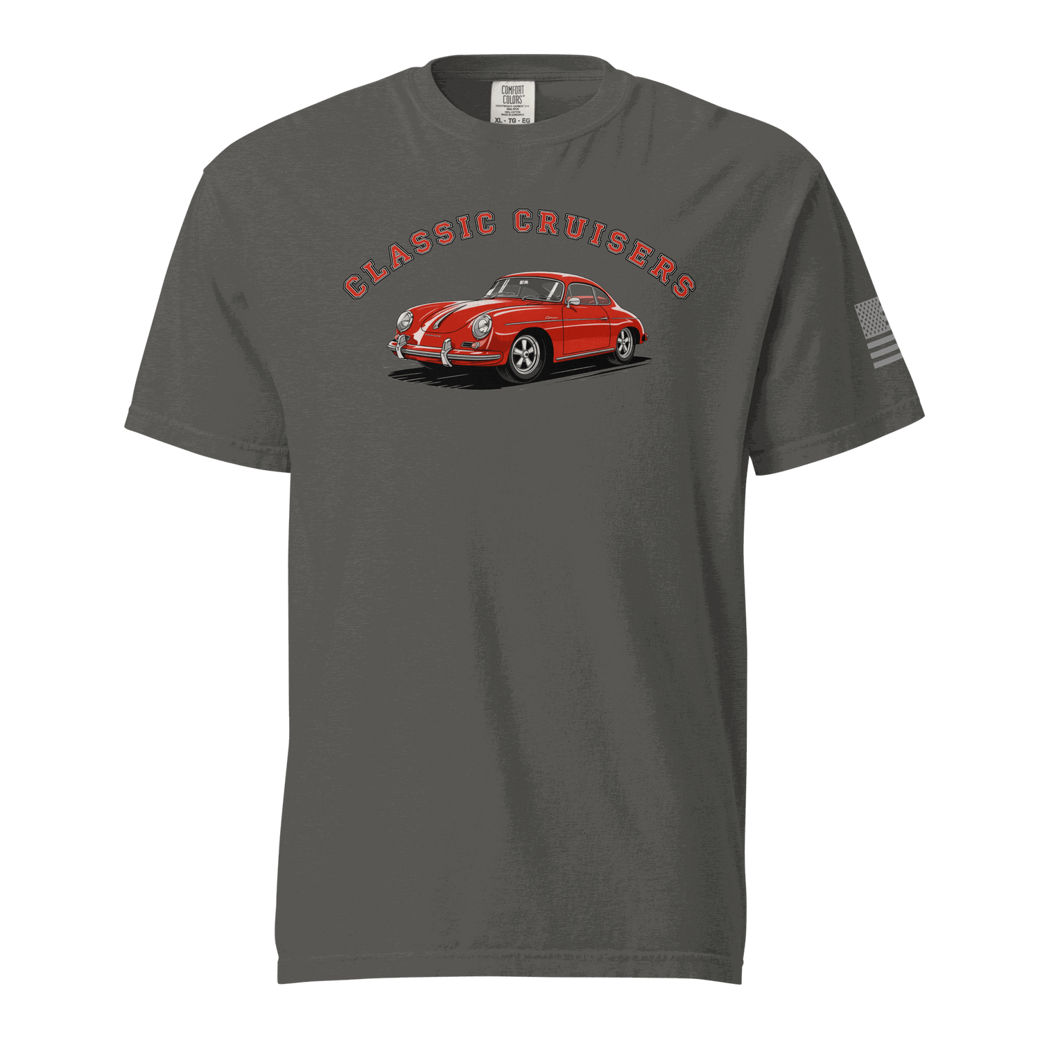 Grey Varsity Sports Car t-shirt with classic red sports car graphic and &quot;Classic Cruisers&quot; text