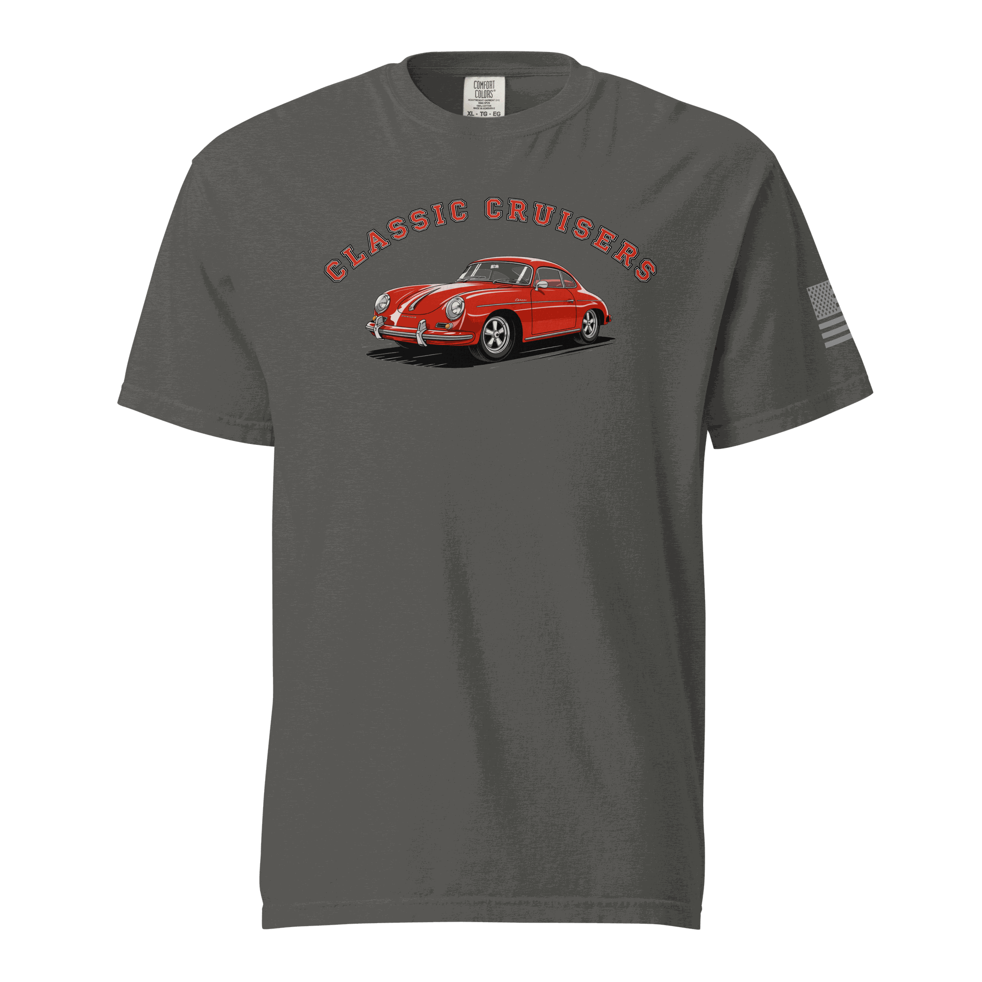 Grey Varsity Sports Car t-shirt with classic red sports car graphic and &quot;Classic Cruisers&quot; text