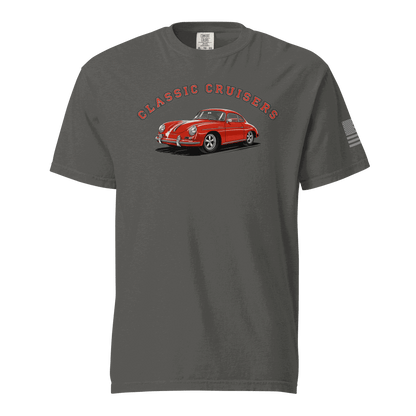 Grey Varsity Sports Car t-shirt with classic red sports car graphic and &quot;Classic Cruisers&quot; text