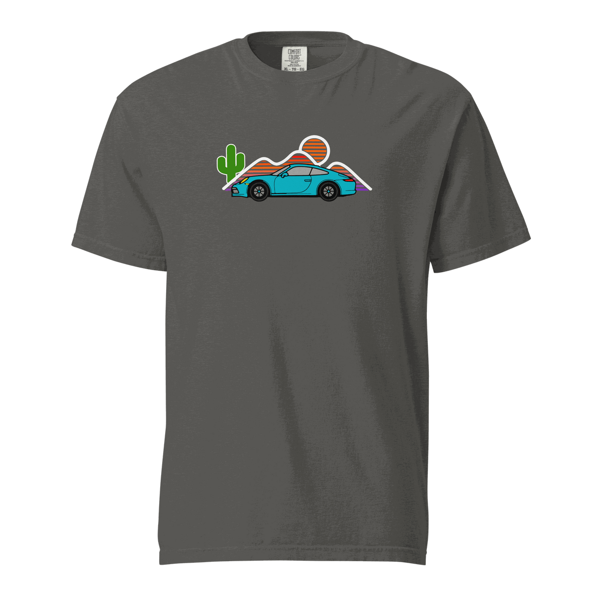 Sports car sunset t-shirt with vintage car silhouette and sunset background