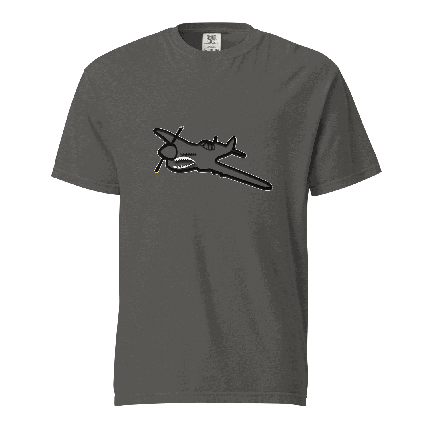 Fighter SP unisex heavyweight charcoal gray t-shirt with vintage fighter plane graphic, 100% ring-spun cotton, relaxed fit