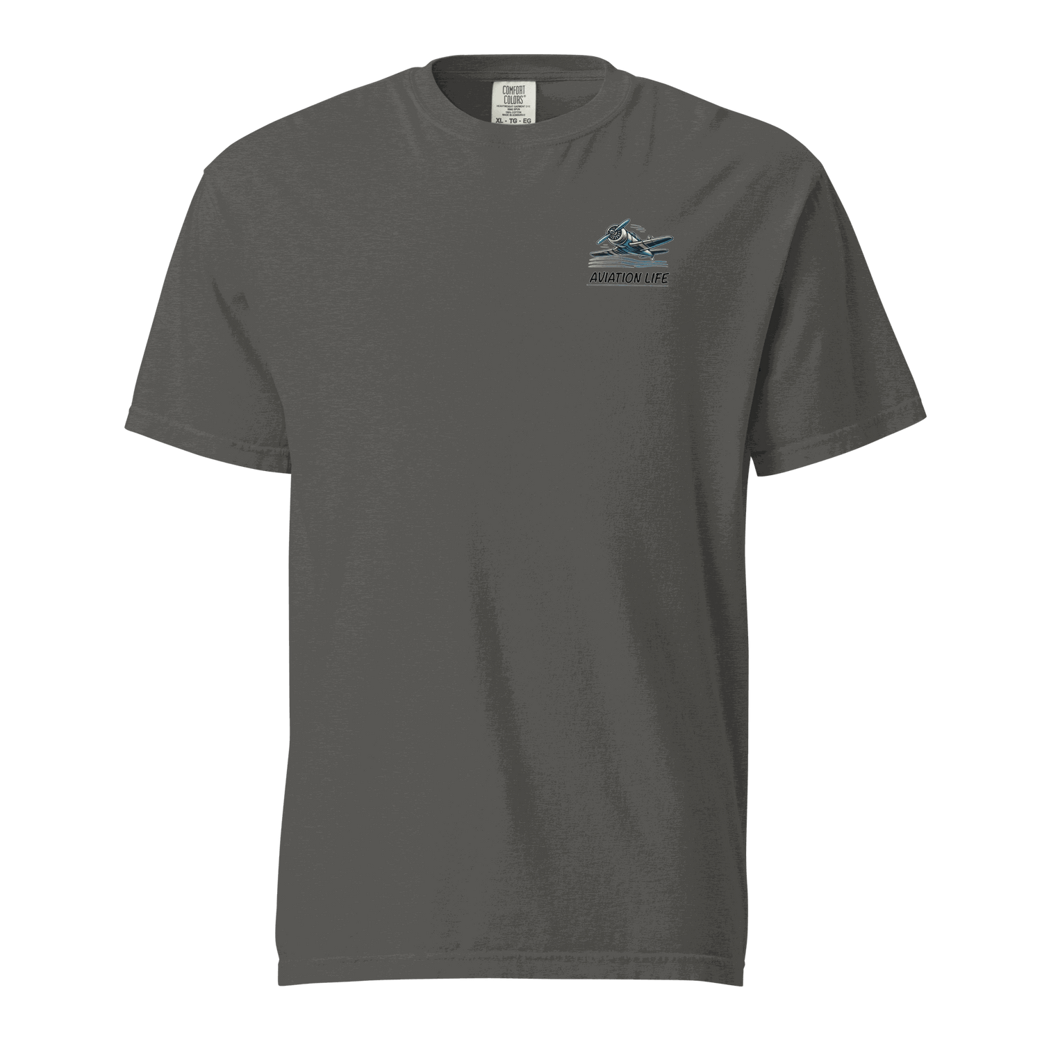 Unisex dark gray heavyweight cotton t-shirt with small blue and orange flight helmet logo on chest, breathable and durable design