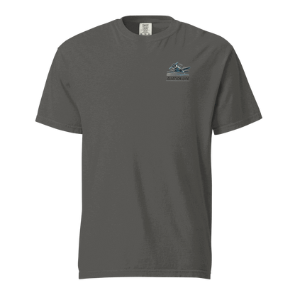 Unisex dark gray heavyweight cotton t-shirt with small blue and orange flight helmet logo on chest, breathable and durable design