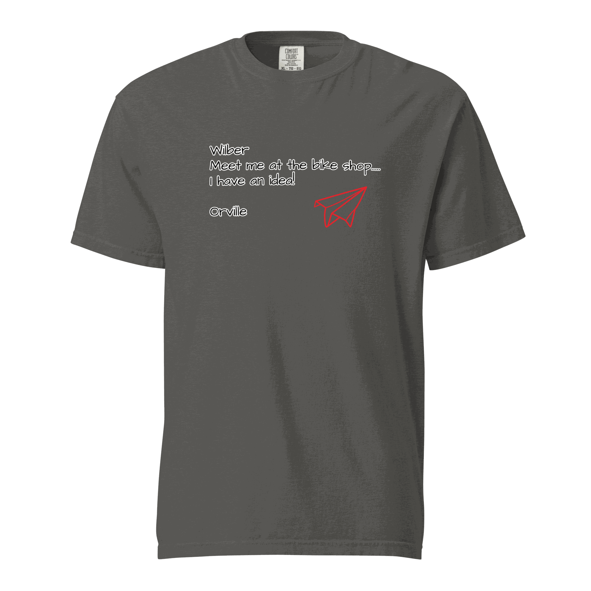 Bike Shop Wilbur unisex gray heavyweight cotton t-shirt with text and red paper airplane graphic