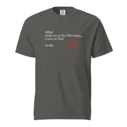 Bike Shop Wilbur unisex gray heavyweight cotton t-shirt with text and red paper airplane graphic