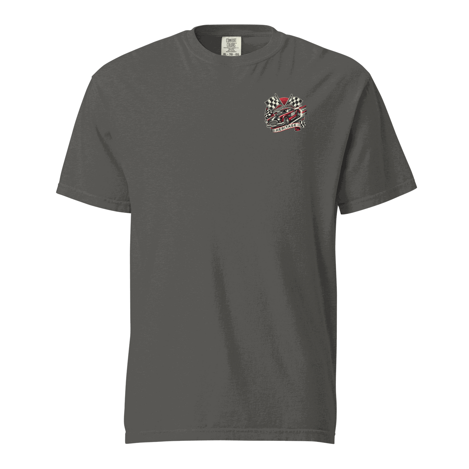 Heritage Classic Car unisex heavyweight charcoal t-shirt with vintage car and checkered flag graphic on chest, made from 100% ring-spun cotton