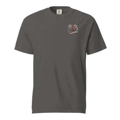 Heritage Classic Car unisex heavyweight charcoal t-shirt with vintage car and checkered flag graphic on chest, made from 100% ring-spun cotton