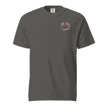 Heritage Mustang Back charcoal gray heavyweight unisex t-shirt with small chest graphic, 100% ring-spun cotton, relaxed fit