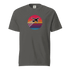 Sunset Flight unisex heavyweight t-shirt with airplane graphic and colorful sunset stripes on gray background