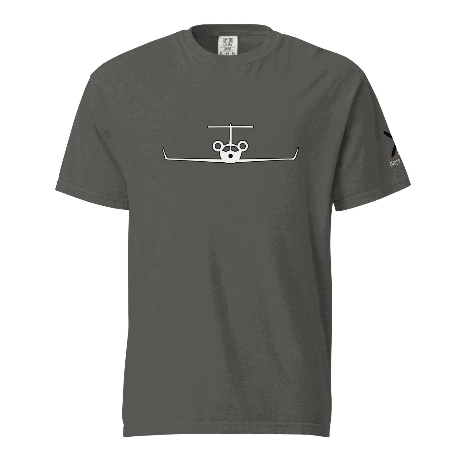 Charcoal gray Private Jet unisex heavyweight tee with front airplane graphic and durable double-needle stitching