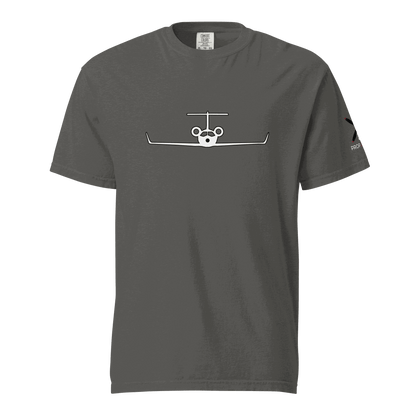 Charcoal gray Private Jet unisex heavyweight tee with front airplane graphic and durable double-needle stitching